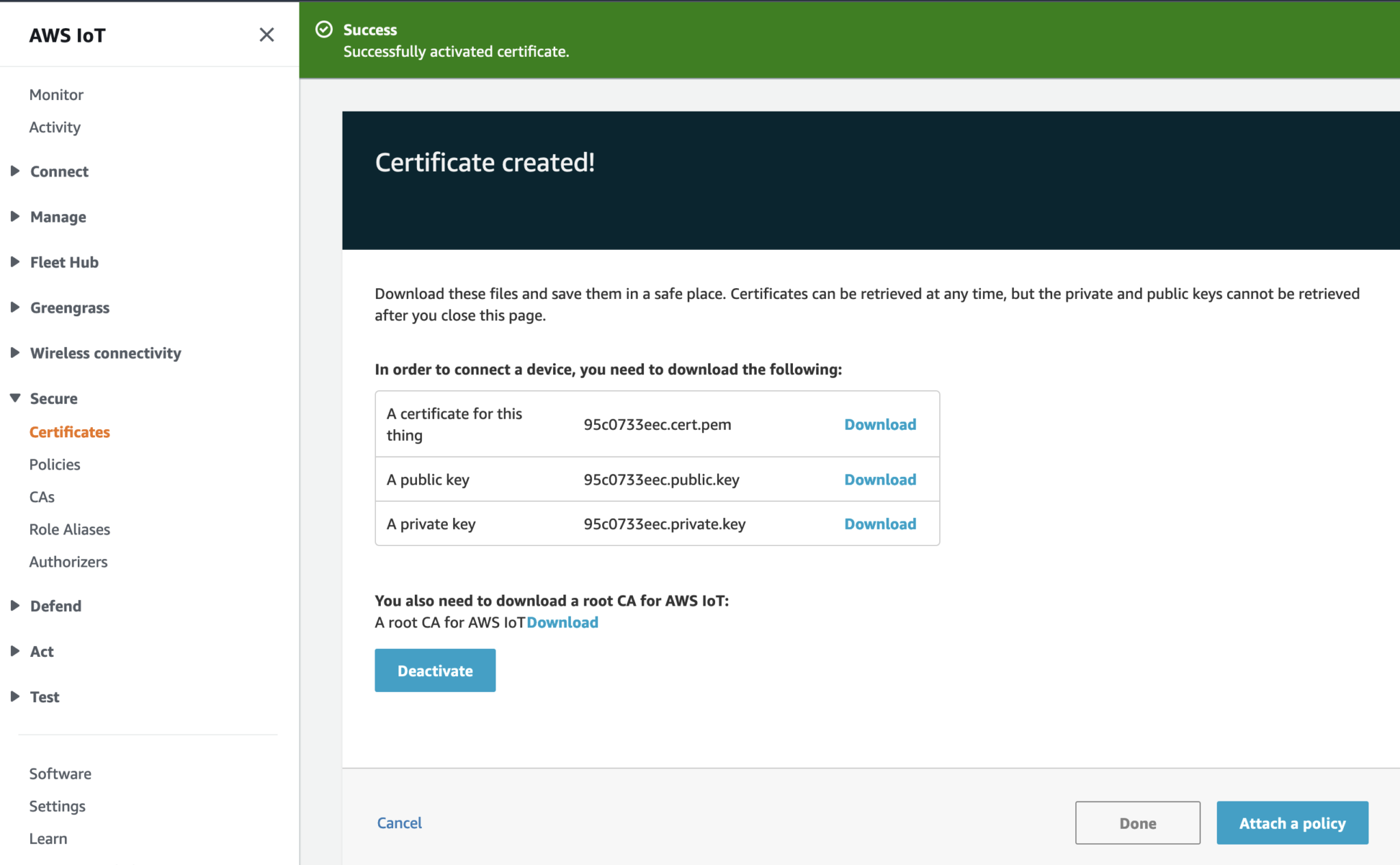 AWS IoT certificate activated