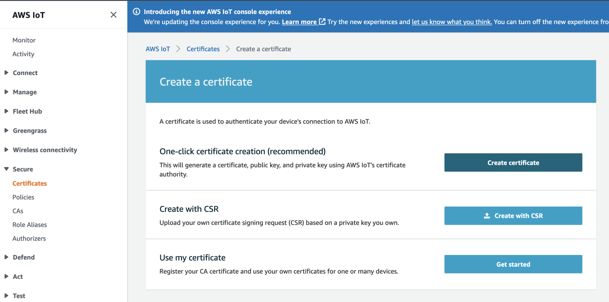 AWS IoT create certificate