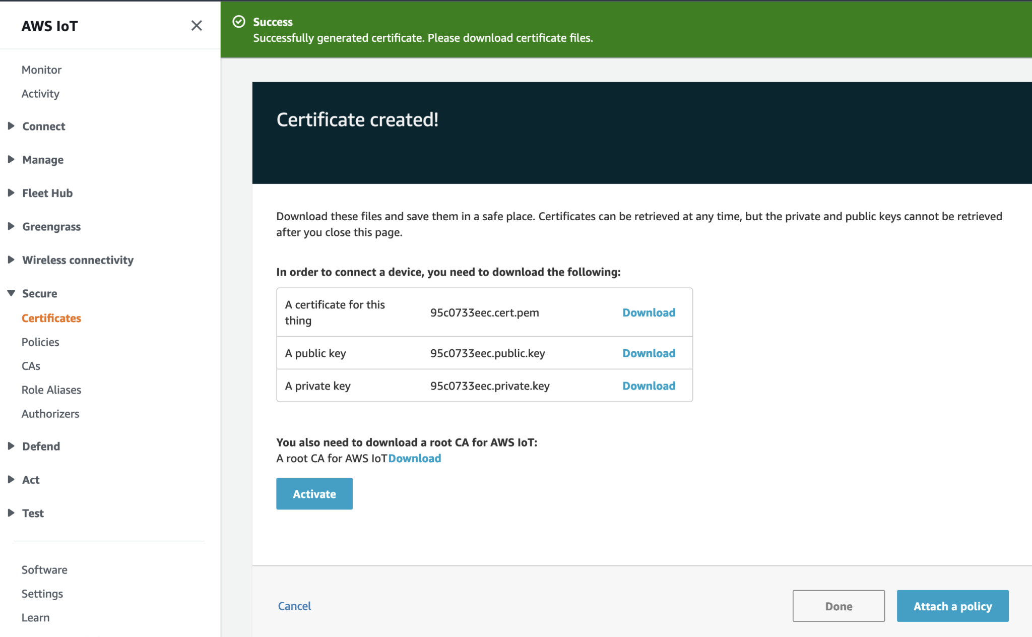 AWS IoT certificate created
