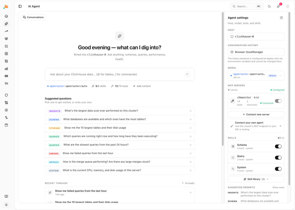 AI Agent: ask questions about schema, storage, queries and health