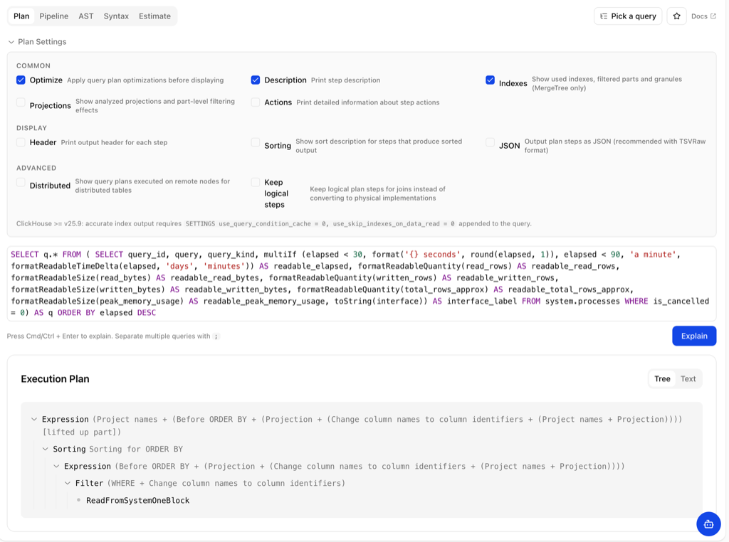 Explain Query: the EXPLAIN plan with recommend-only tuning suggestions