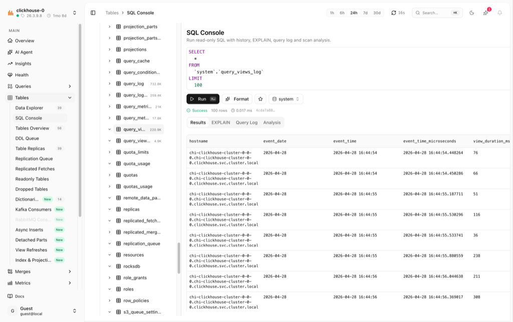 SQL Console: read-only SQL with history, EXPLAIN and scan analysis