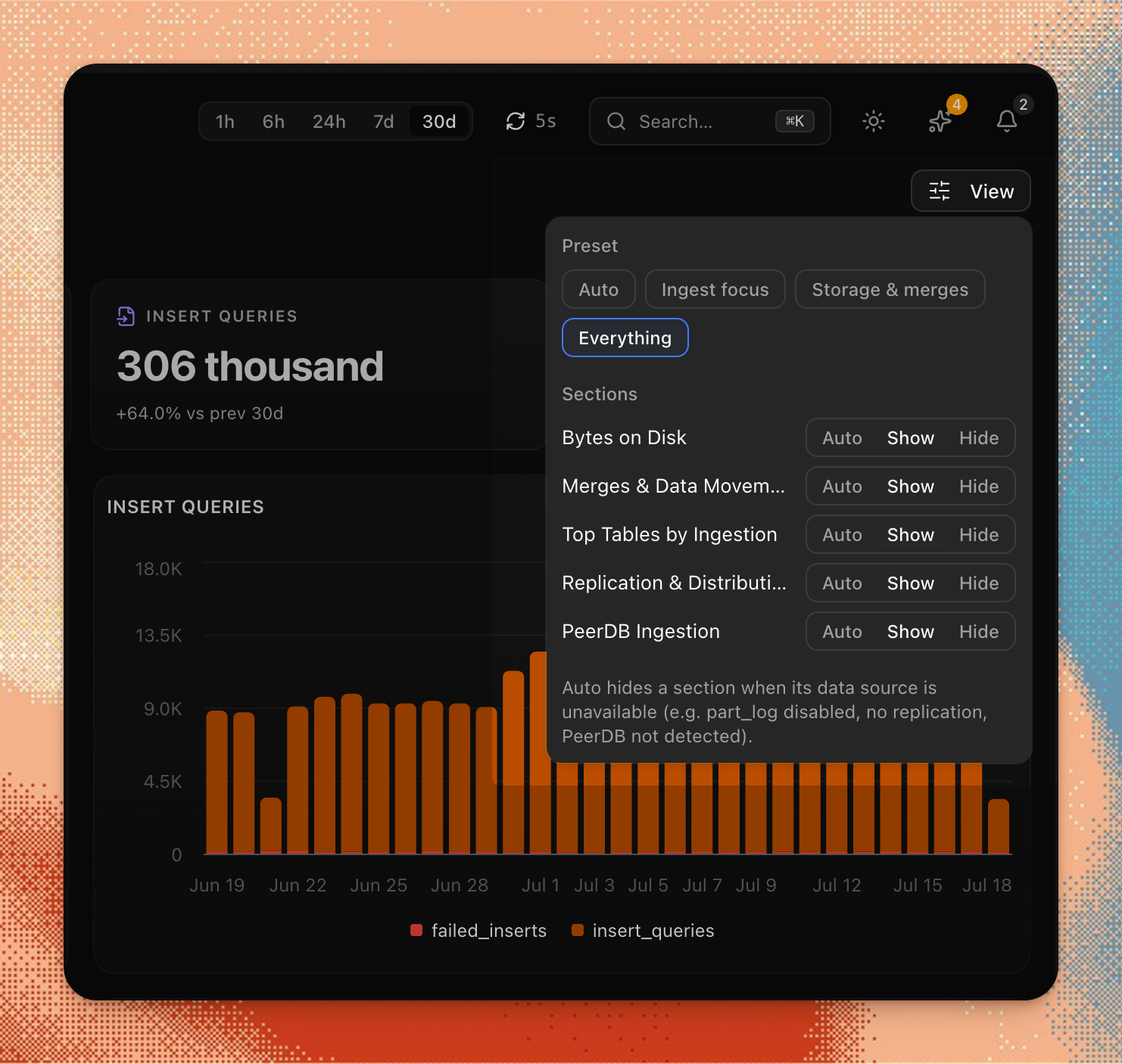 Customize with presets: Auto, Ingest focus, Storage & merges, Everything