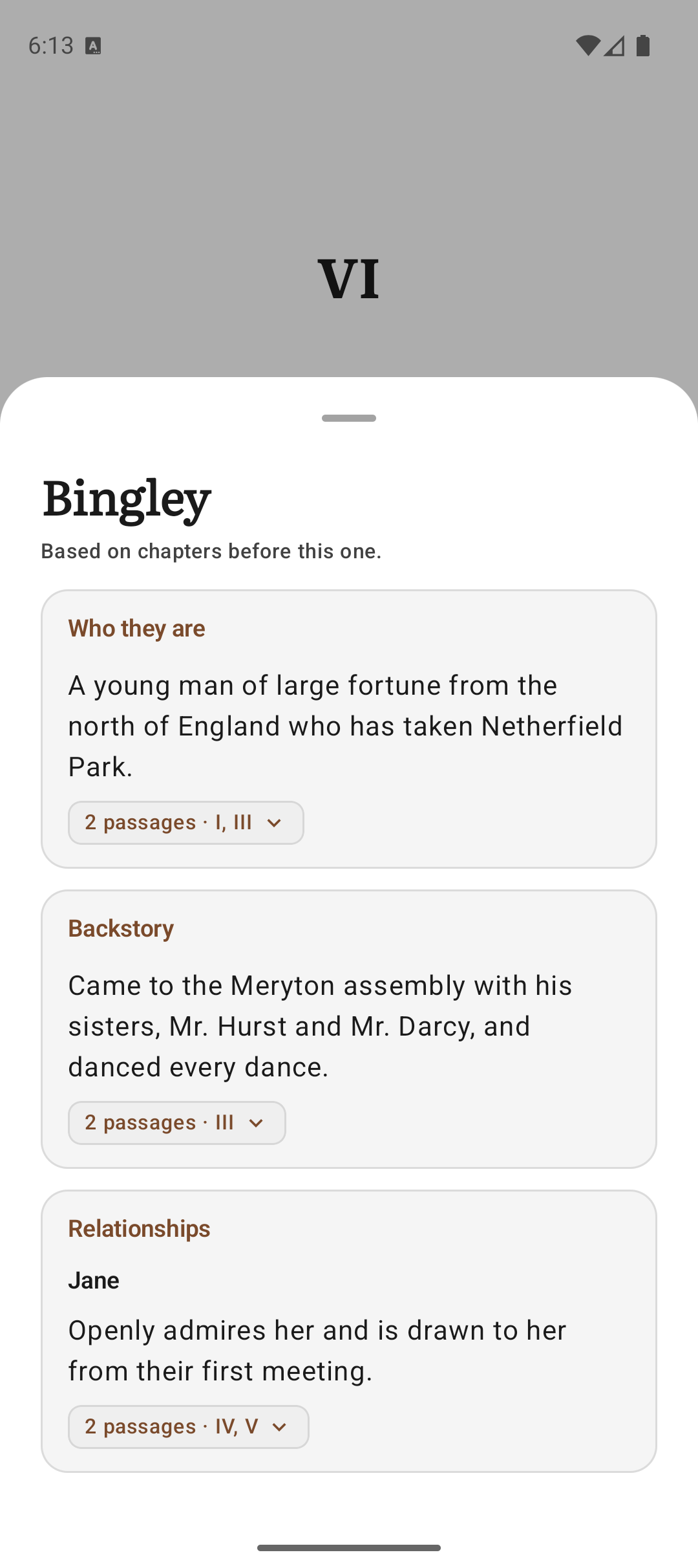 Reading companion character profile with source passages