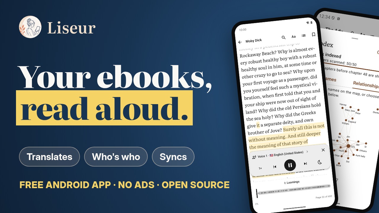 Liseur: free and open source, no ads, no account. Watch the video on YouTube