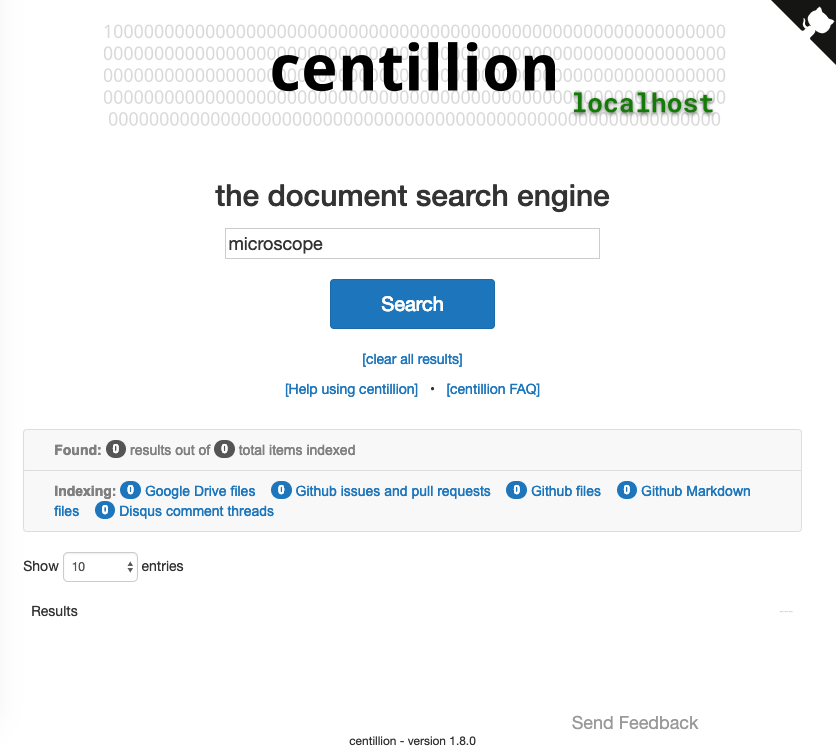 Screenshot: centillion no docs indexed