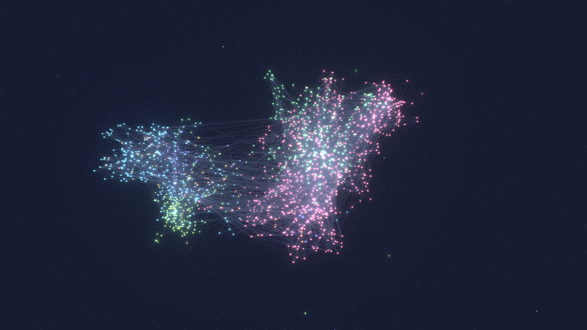 A 1,800-note vault rendered dense, clusters and cross-links visible