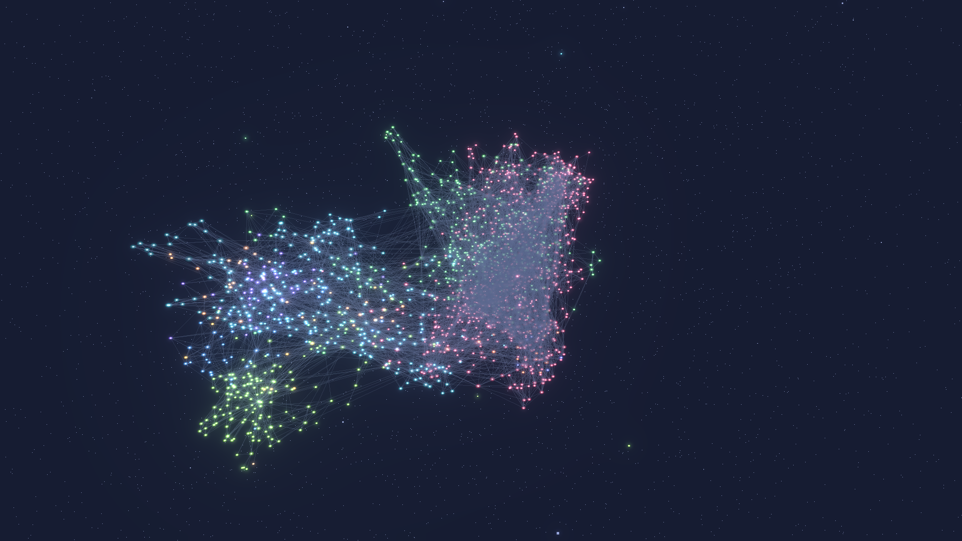 A vault of ~2,000 notes rendered as a 3D particle galaxy, clusters colored by domain