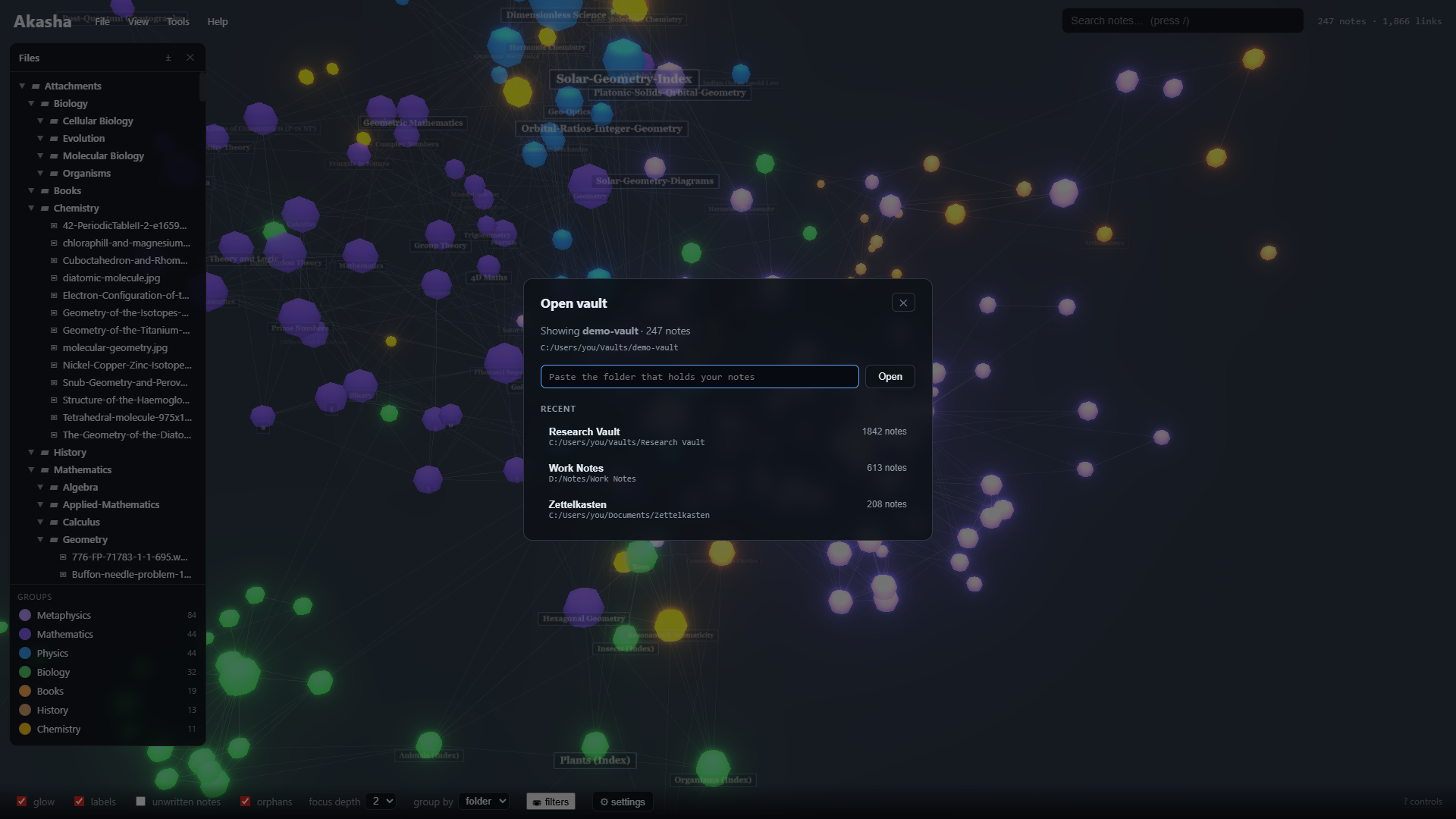 Open vault dialog showing a path field and a list of recently opened vaults with note counts