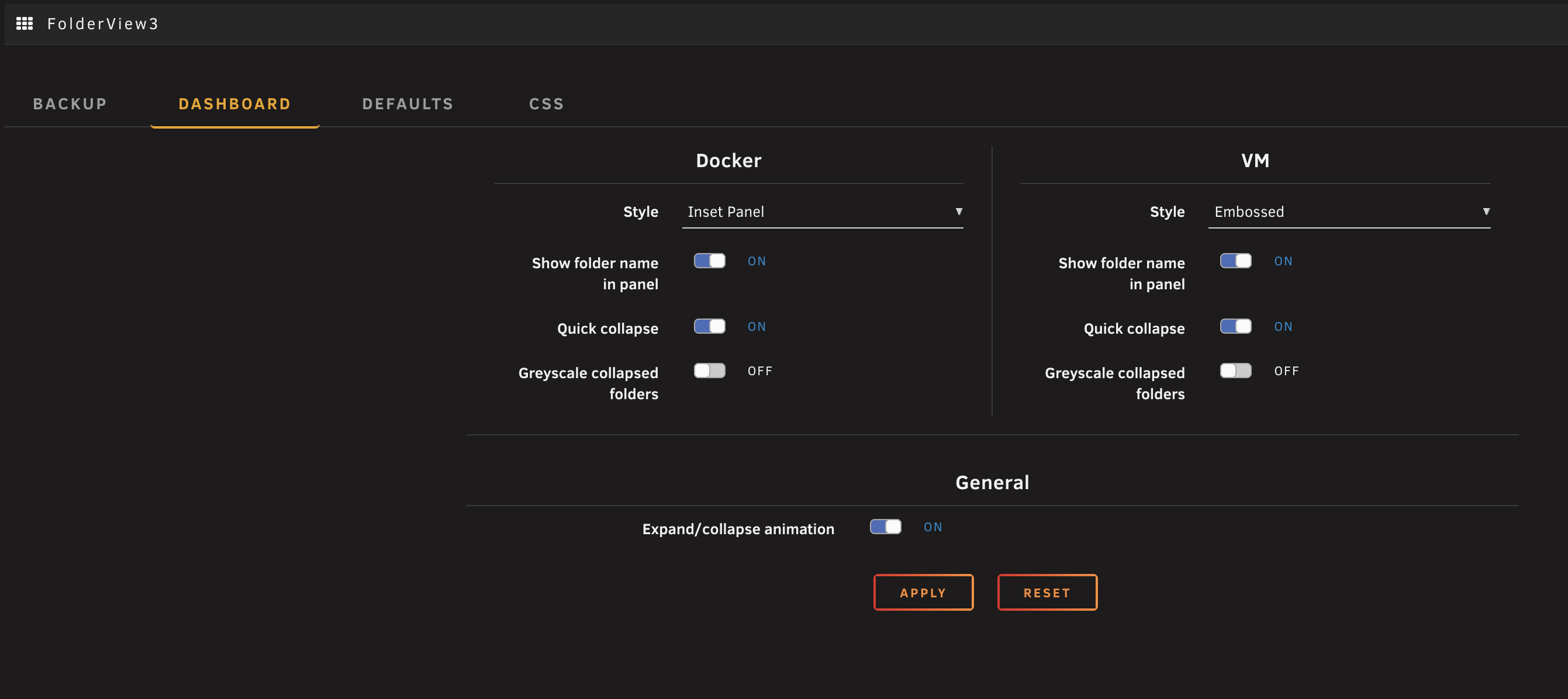 Dashboard configuration settings