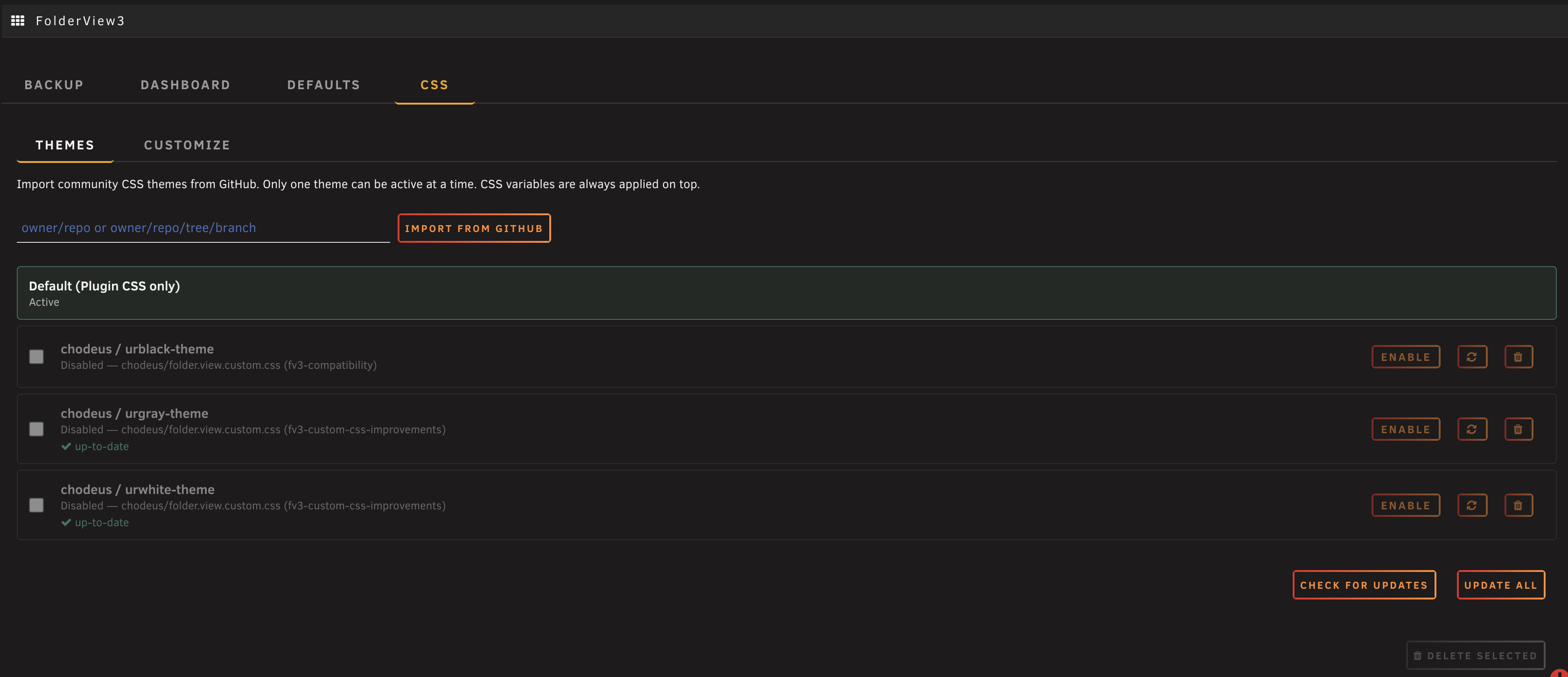 GitHub theme import with update status