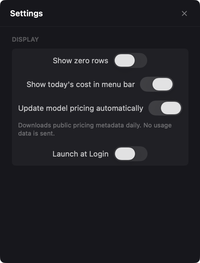 Settings display controls for zero rows, menu bar cost, pricing updates, and launch at login