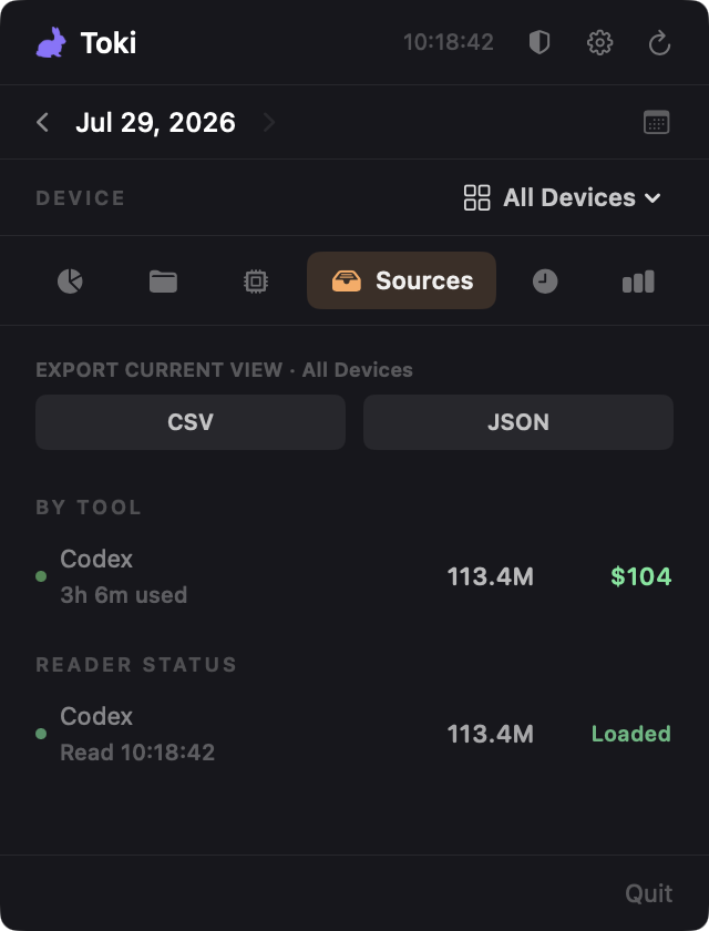 Sources tab with CSV and JSON export controls, per-tool usage, and reader status