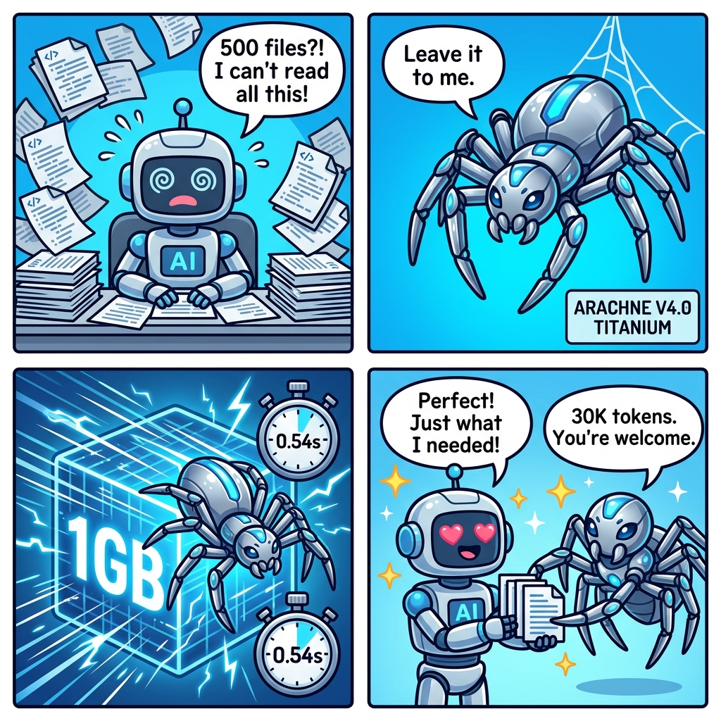 Arachne V4.0 Titanium — AI drowning in 500 files, Titanium Spider arrives, scans 1GB in 0.54s, delivers 4 perfect files. 30K tokens, done.