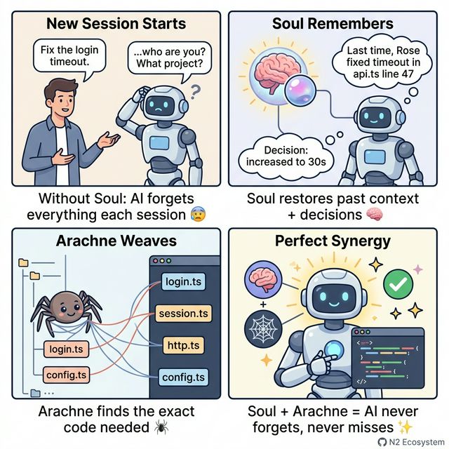 Soul remembers past sessions. Arachne finds the code. Together, AI never forgets and never misses.