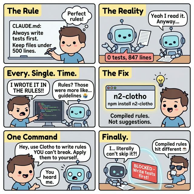 Clotho 6-panel comic