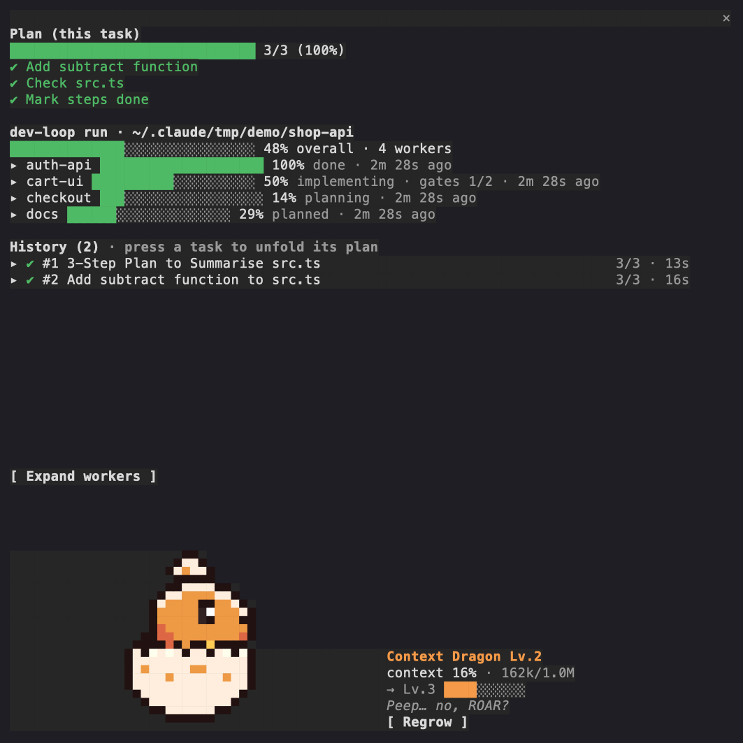 session-progress in a coordinator session: a dev-loop run with four workers at 48% overall, each with its phase, gates and age
