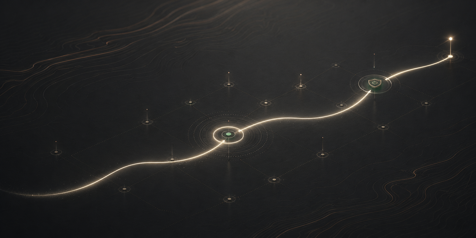 Vowline brand banner: one luminous line moving through aligned agent nodes