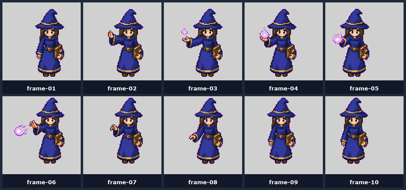 ภาพตัวอย่าง 10 เฟรมท่าโจมตีของนักเวทสีน้ำเงินจากโครงการ AI Game Spritesheets
