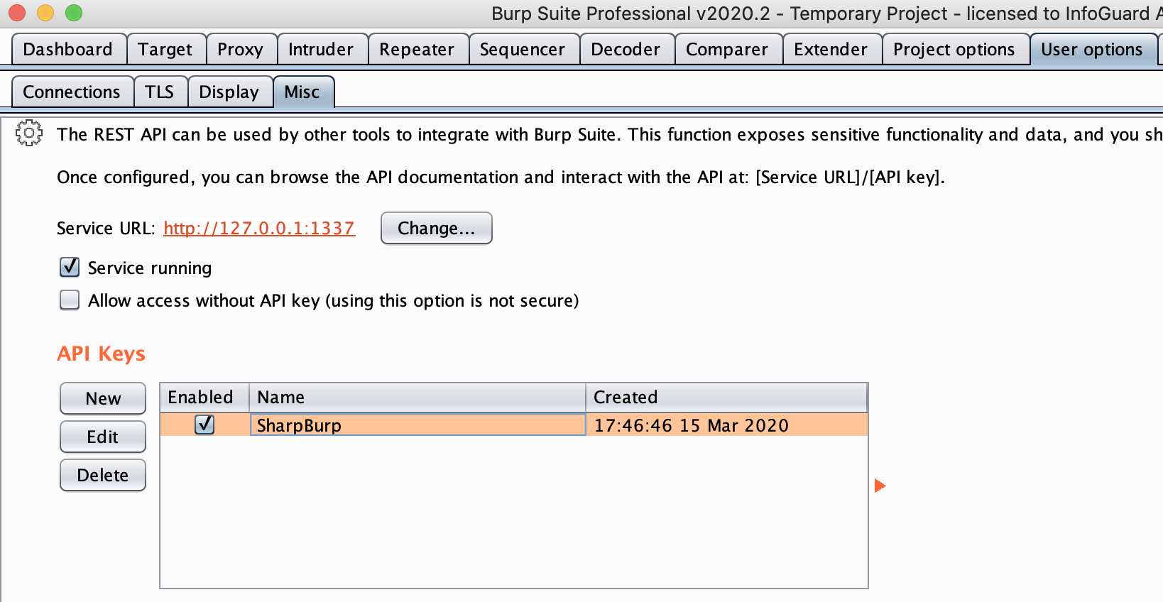 BurpSuite API configuration for BurpSharp