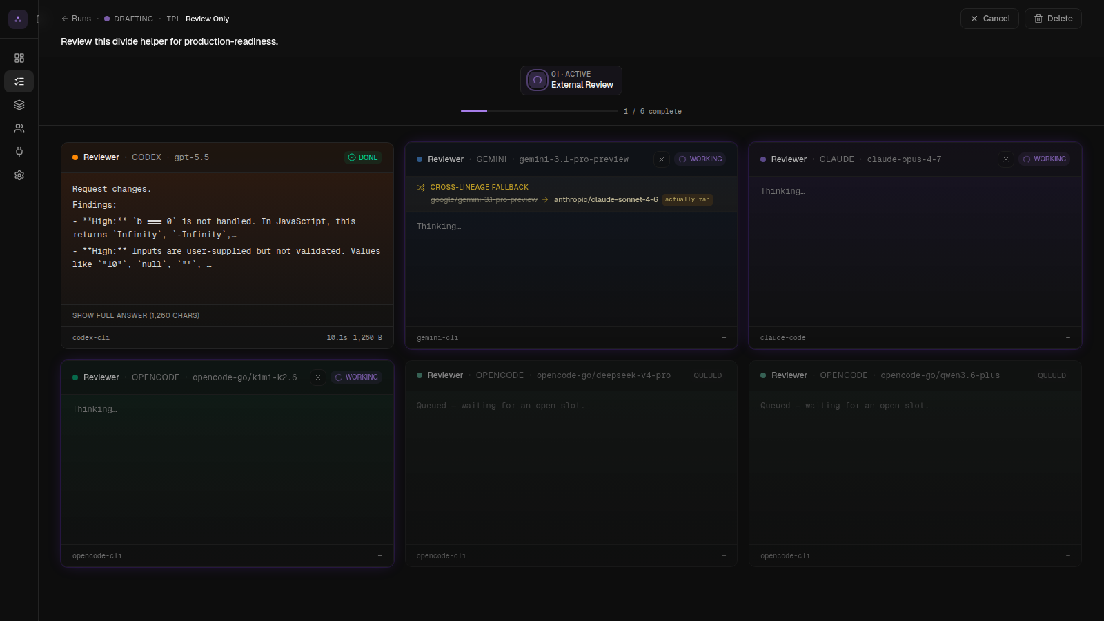 Three reviewers streaming verdicts in real-time