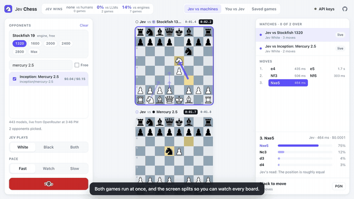 Jev plays Stockfish 1320 and Mercury 2.5 at once; the moves Jev weighed are drawn as arrows