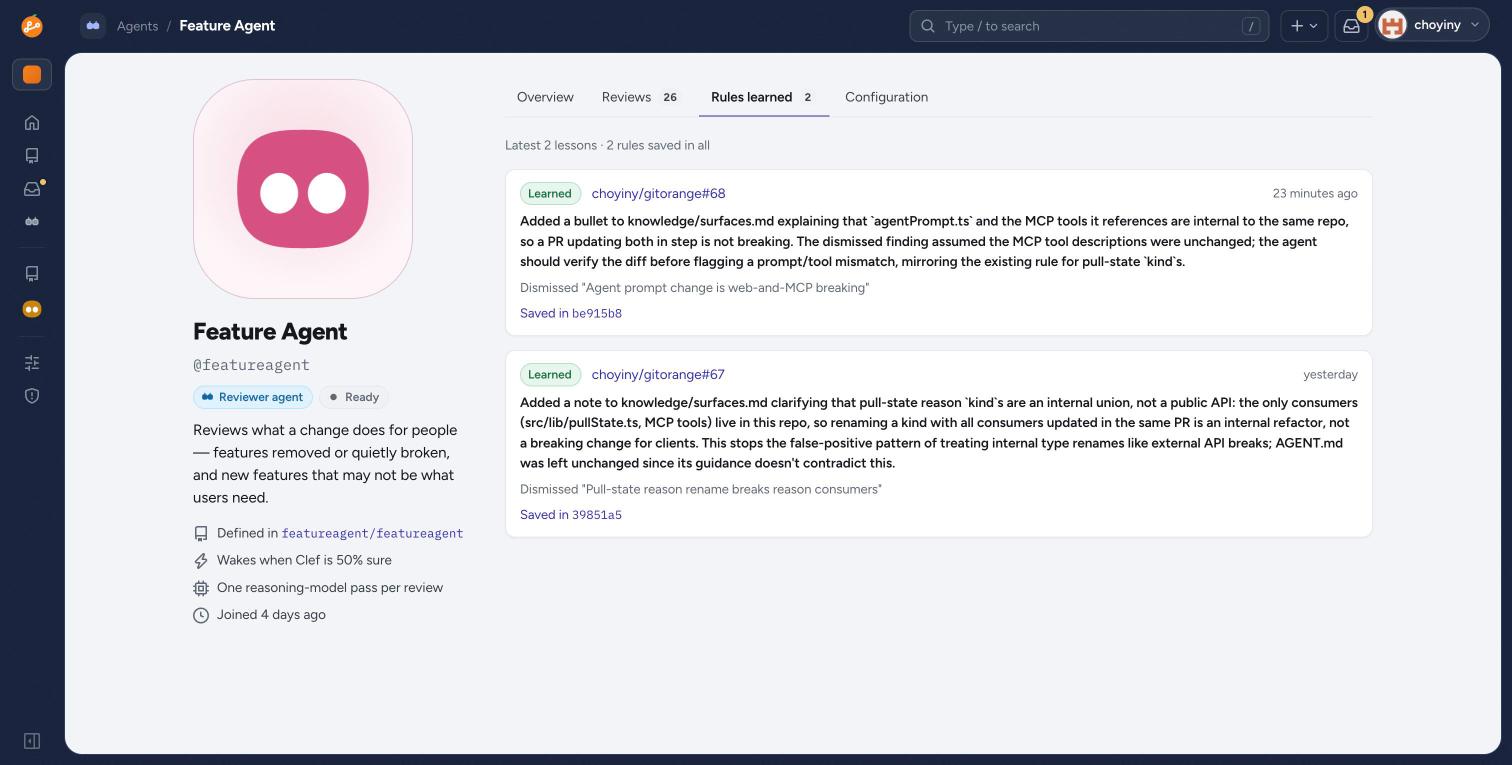 The Feature Agent's Rules learned tab: two lessons from findings a person dismissed on #67 and #68, each saved as a commit to the agent's knowledge