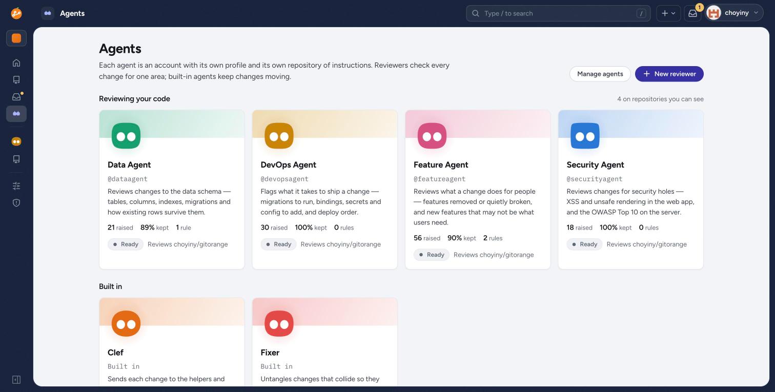 The Agents page: Data, DevOps, Feature and Security reviewer agents with how many findings each raised, how many were kept, and the rules each learned, plus the built-in Clef and Fixer