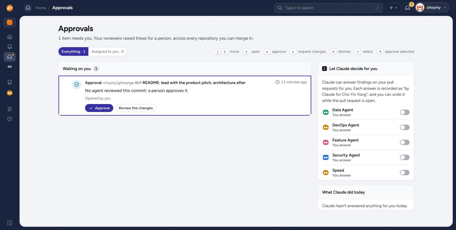 The Approvals inbox with keyboard shortcuts, beside the Let Claude decide panel with a switch per reviewer agent