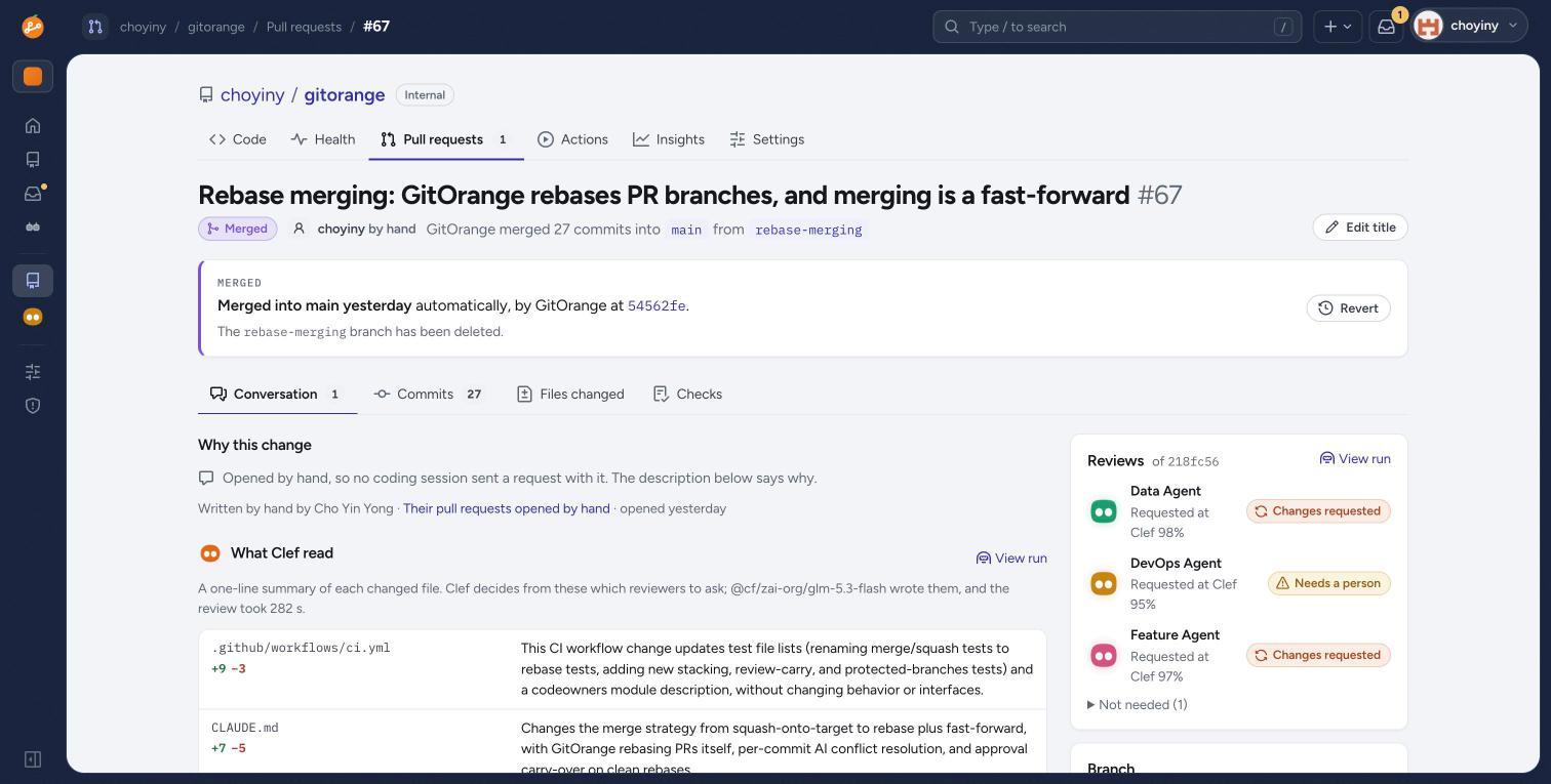 Pull request #67 in GitOrange's own repository: merged automatically by GitOrange, with Clef's one-line summary of each file and the reviewer agents it requested at 95–98% confidence