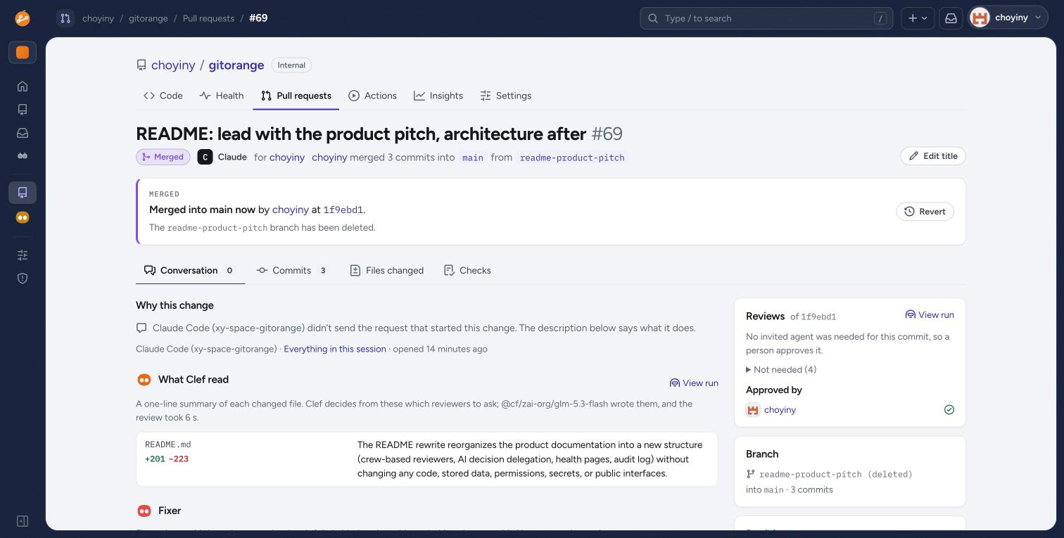 Pull request #69, the README rewrite you are reading: Clef read the one-line summary of README.md, judged that none of the four reviewer agents was needed, and a person approved and merged it