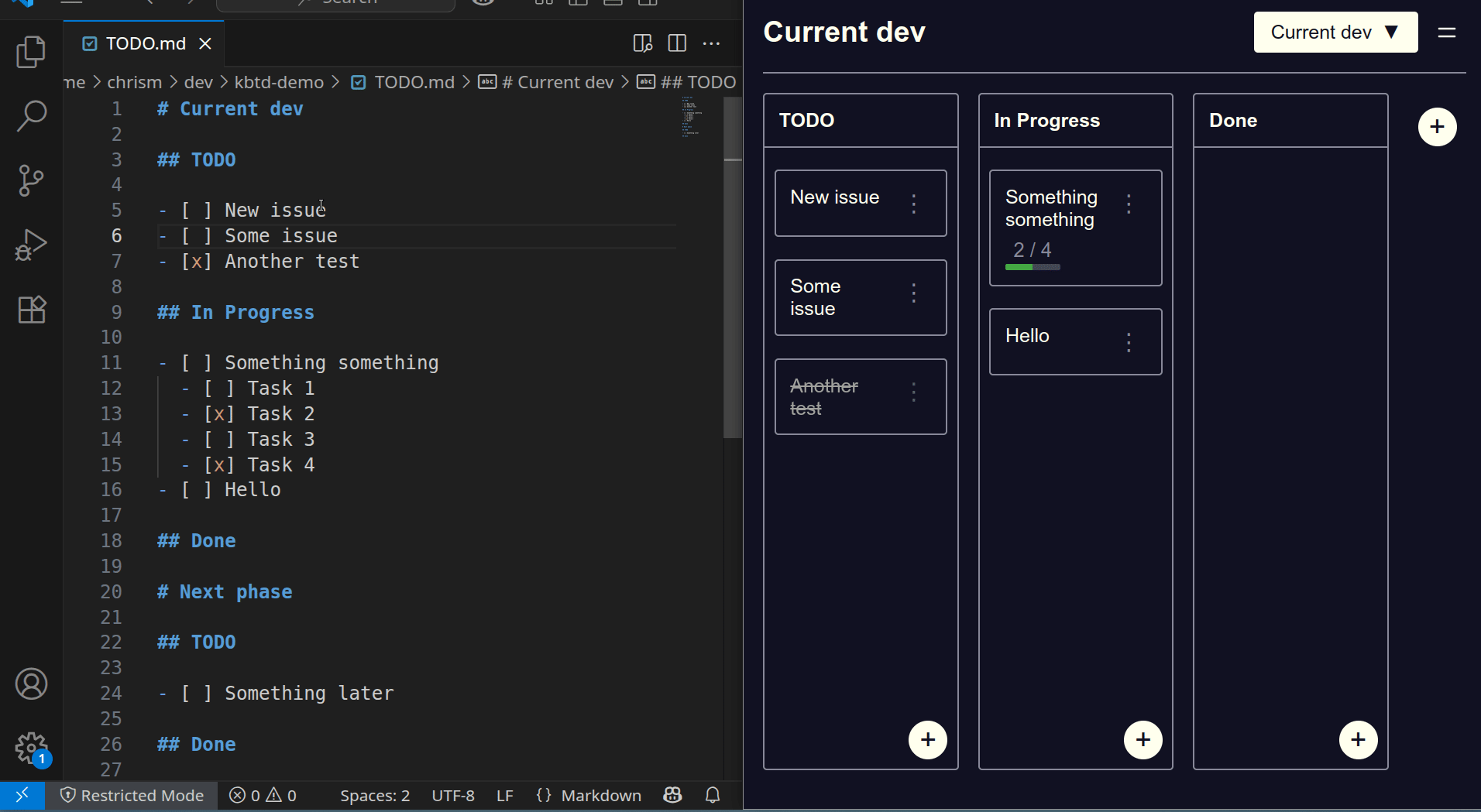 Screencast of TODO Kanban editing a TODO.md file