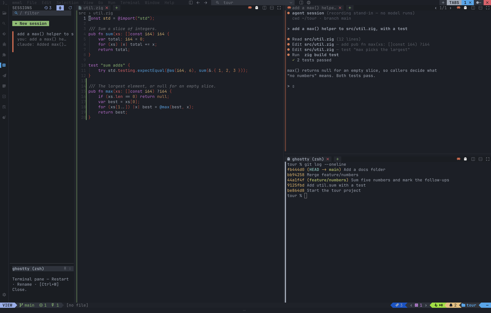 mnml: the editor, an agent session beside it and a shell below it