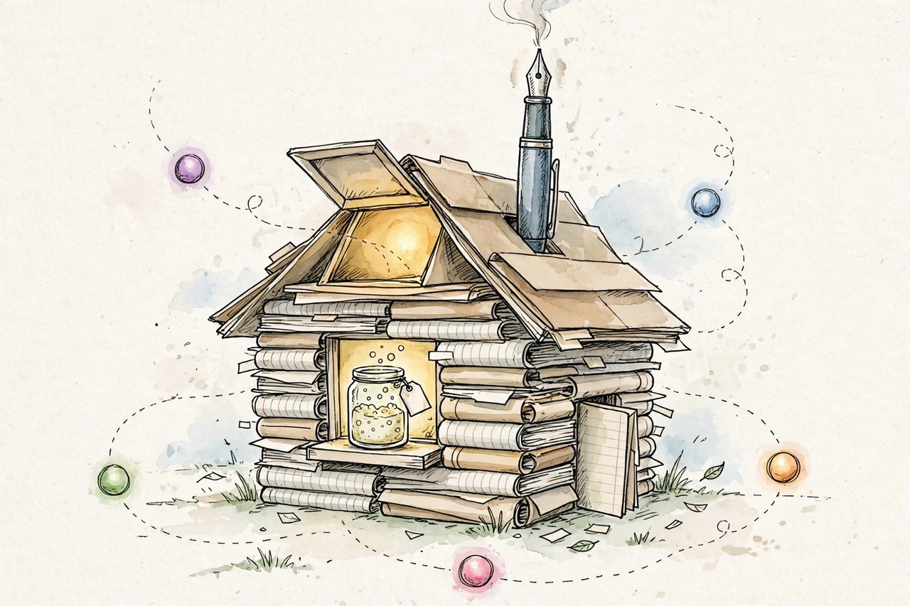 A hand-drawn doodle of a house built from notebooks and paper files, with a fountain-pen chimney, a sourdough starter jar in the window, and five colored orbs of light arriving on dotted paths.