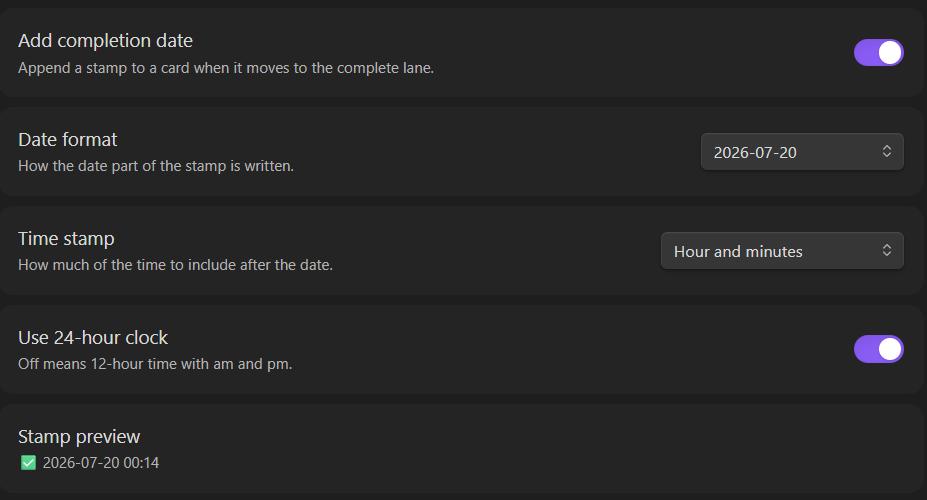 The date and time stamp settings, including the live preview line