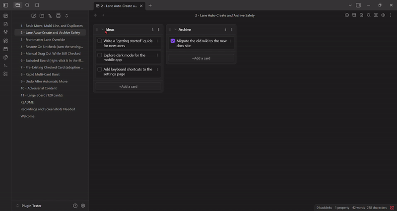 A new Complete lane appears above Archive when a card is checked