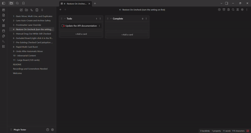 A card moves to Complete, back to its origin lane on uncheck, then back to Complete again