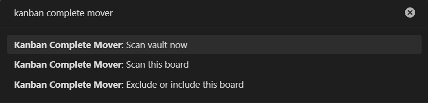 The command palette showing the plugin's three commands, with Scan vault now highlighted