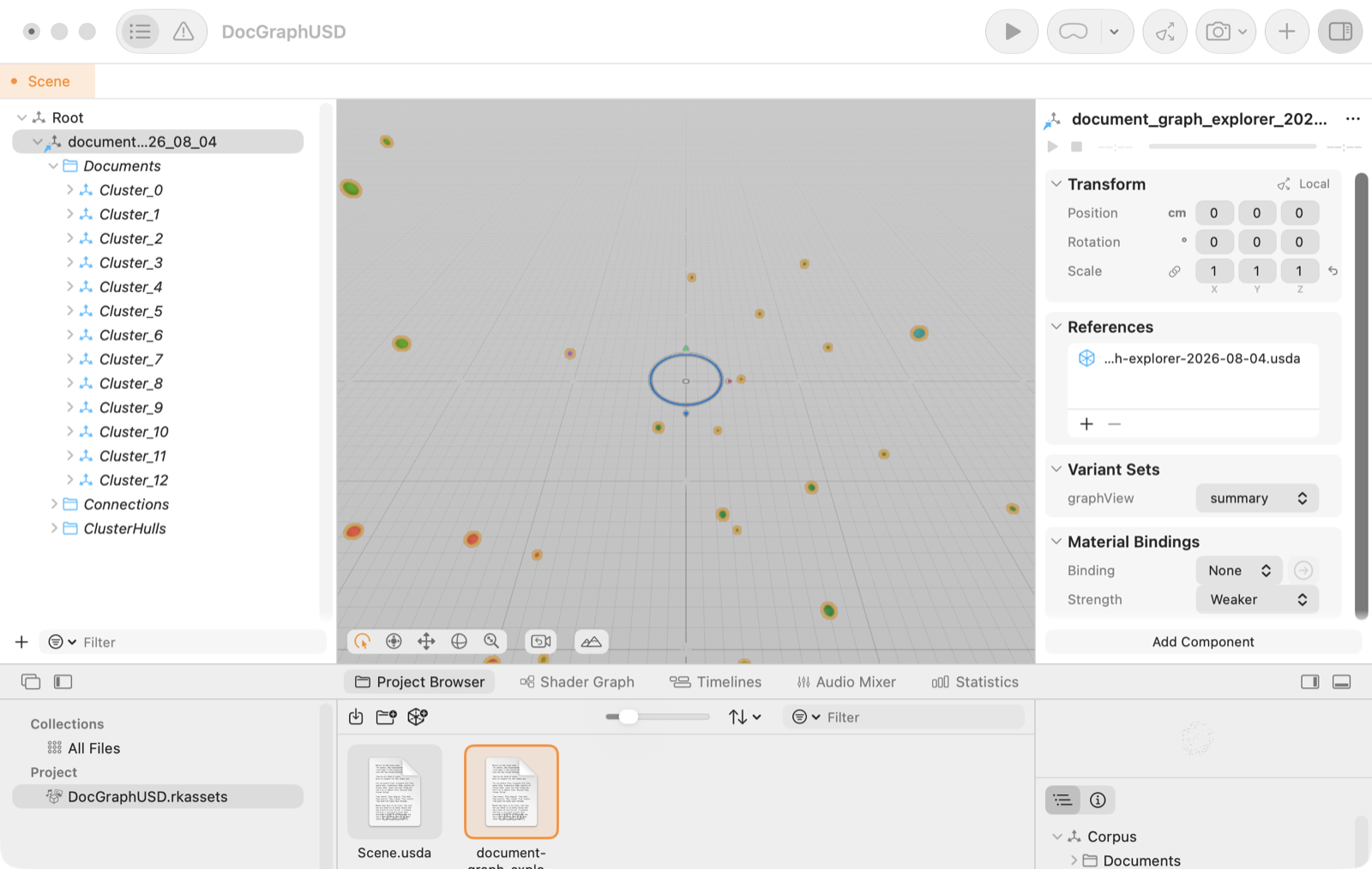 Stage imported into Reality Composer Pro, showing the cluster hierarchy and graphView variantSet