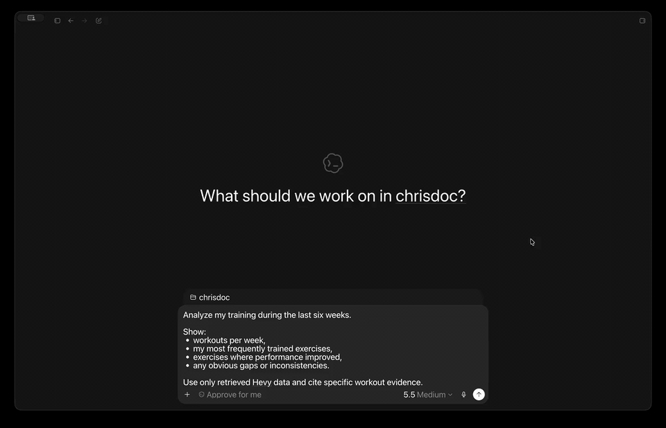 Hevy MCP demo showing an AI assistant analyzing six weeks of Hevy training data