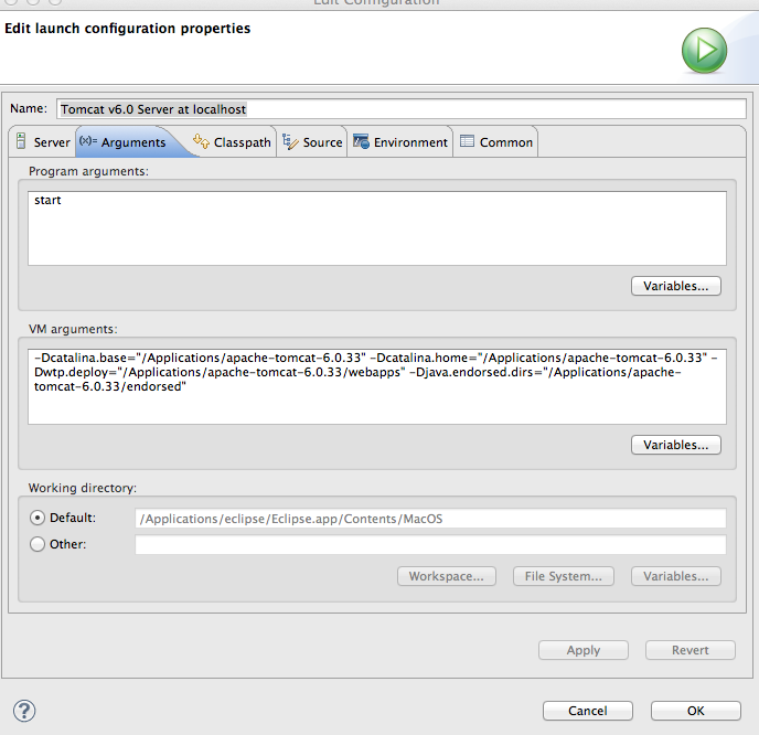 Eclipse Tomcat server launch config screenshot