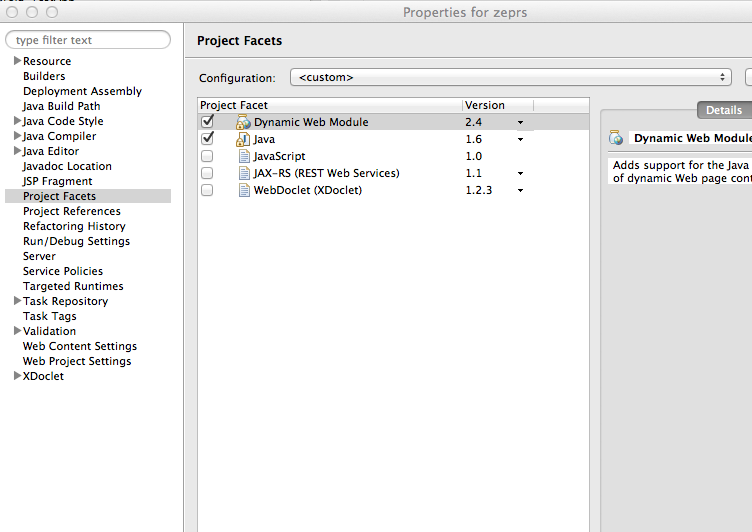 Eclipse Project facets screenshot