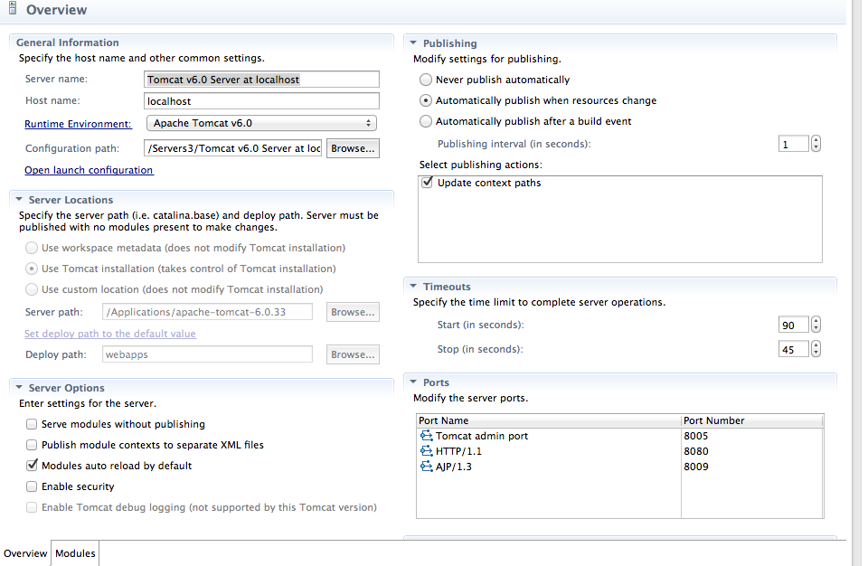 Eclipse Tomcat server settings screenshot