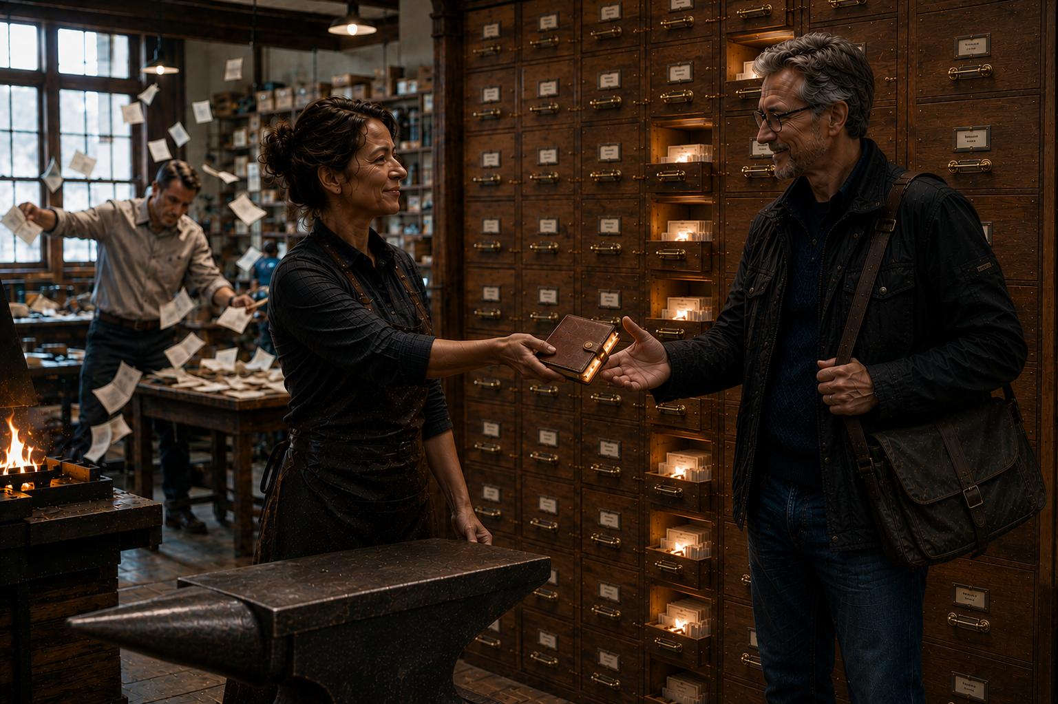 A workshop scene under daylight: a craftsperson in a leather apron hands a small leather-bound notebook to a practitioner with a messenger bag, anvil in the foreground, a wall of lit card-catalog drawers behind them. In the background, a second figure flails amid airborne loose papers.
