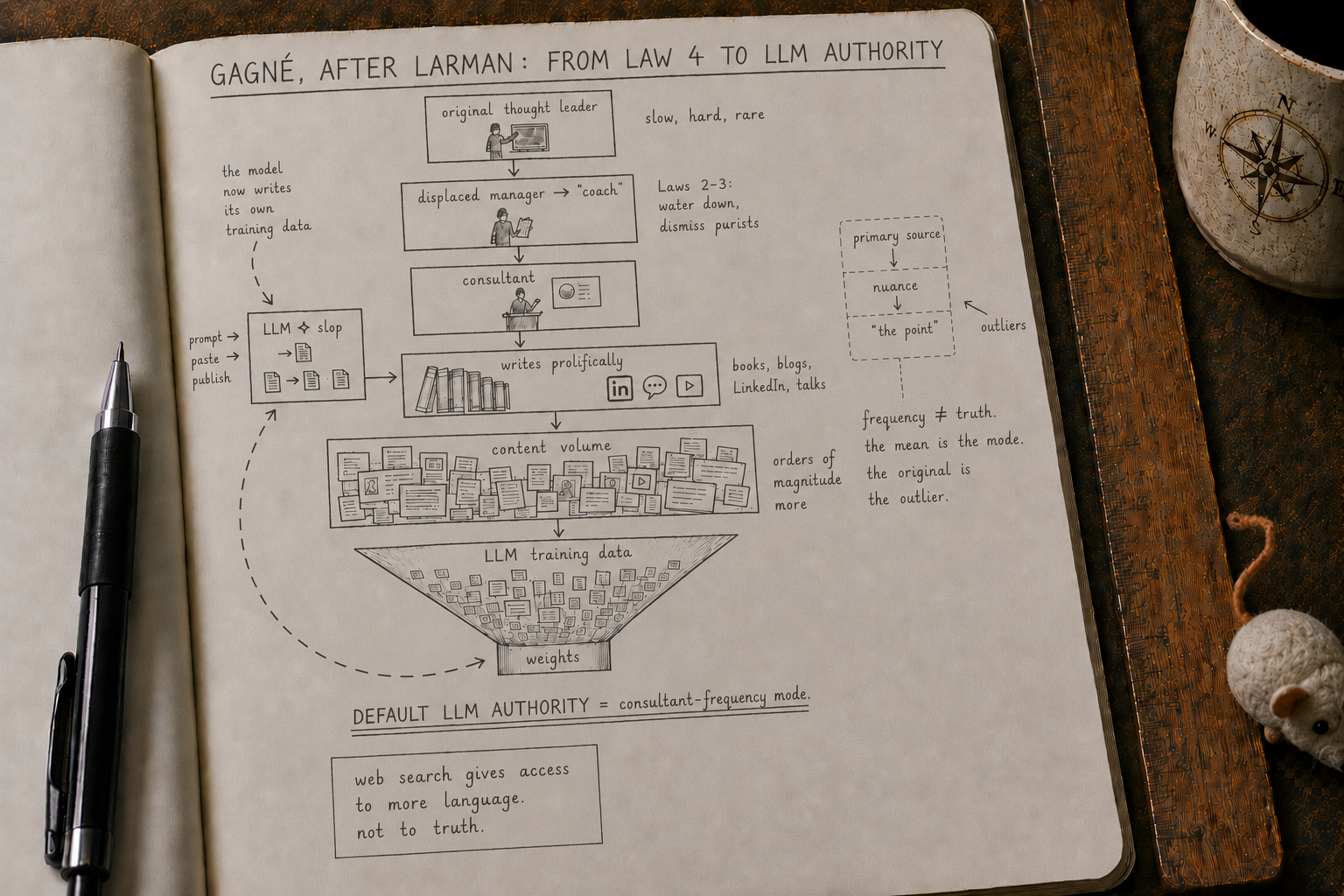 A hand-drawn notebook page titled "Gagné, after Larman: From Law 4 to LLM Authority". A cascade diagram walks from "original thought leader (slow, hard, rare)" through displaced manager → coach → consultant → LLM slop, producing prolific content (books, blogs, LinkedIn, talks) that becomes LLM training-data volume — orders of magnitude more than the primary source. Side annotation: "primary source / nuance / the point" fading to "outliers." Bottom statement: "DEFAULT LLM AUTHORITY = consultant-frequency mode. Web search gives access to more language, not to truth."
