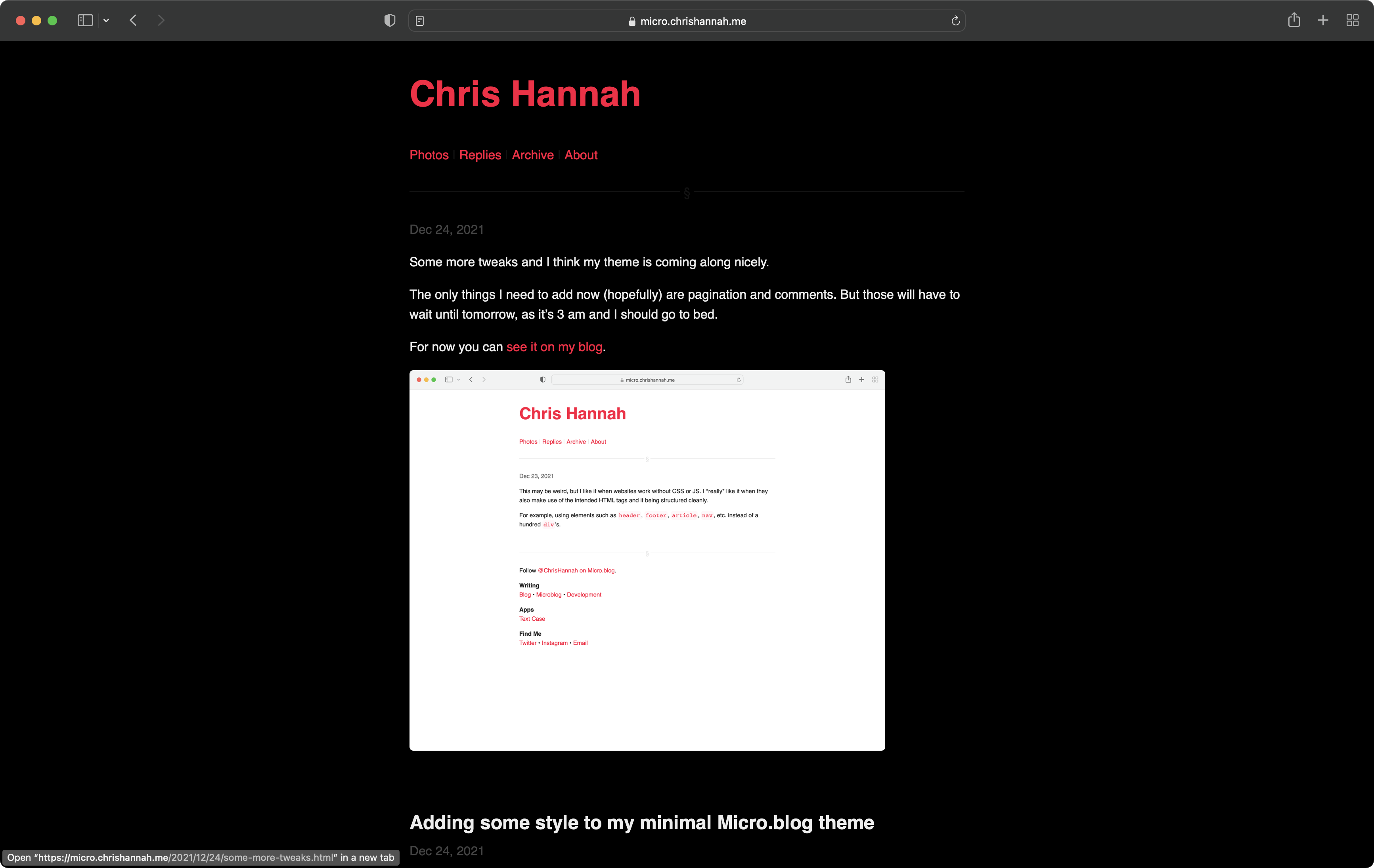 Chris Hannah's site in dark mode.