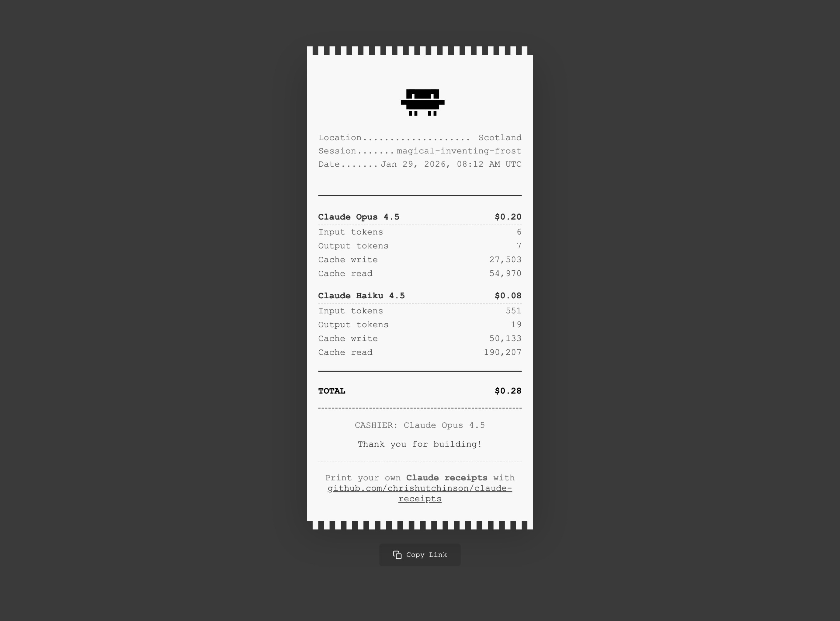 A screenshot of an example receipt