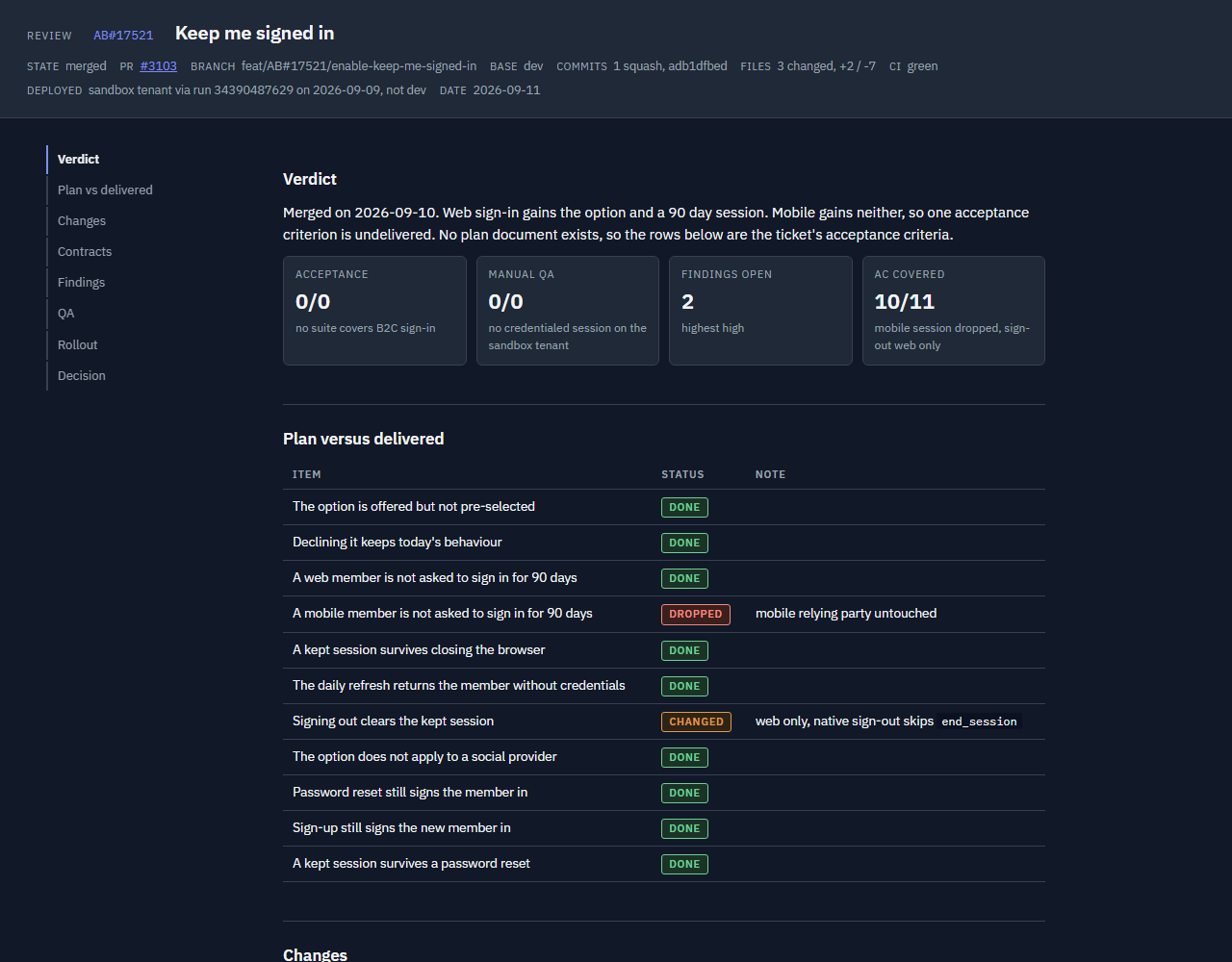 Review page showing verdict tiles, the change diagram and decision form