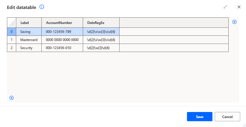 Edit datatable and fill in Label, Account Number, and Date RegEx